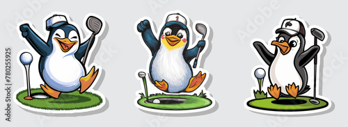 Set of proud penguin celebrates golf hole-in-one with victory pose, vector illustration. Generative AI