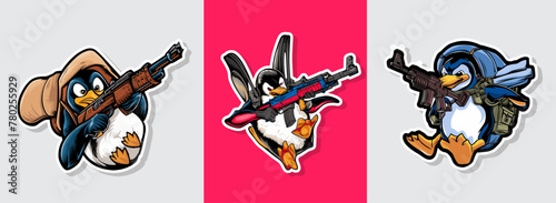 Set of penguin parachutes with rifle in thrilling airborne adventure vector illustration. Generative AI