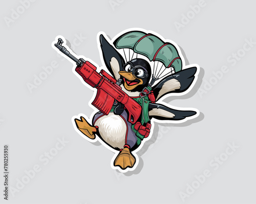 Penguin parachutes with rifle in thrilling airborne adventure vector illustration. Generative AI
