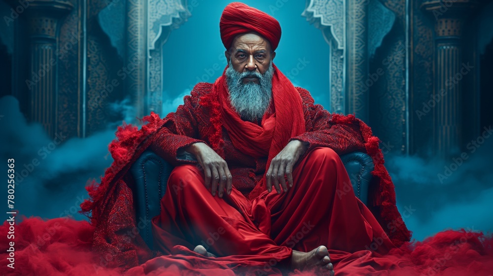 Mystic figure in red with serene expression
