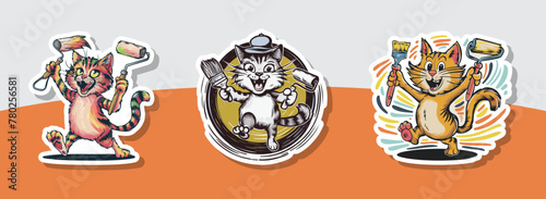 Set of cat with paintbrush and roller for Labor Day home improvements sticker vector illustration. Generative AI