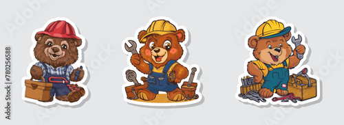 Set of bear with wrench and toolbox celebrates Labor Day sticker vector illustration. Generative AI