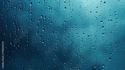 Rain drops on window glasses surface with cloudy background . Natural Pattern of raindrops isolated on blue cloudy background.