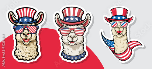 Llama wears patriotic sunglasses and a hat, radiating national pride sticker vector illustration. Generative AI