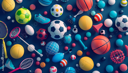 Colorful sports balls, rackets and ball suits on a dark background
