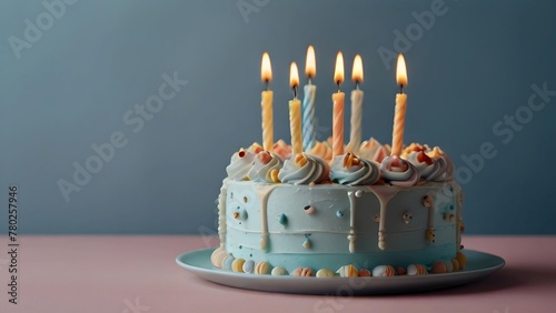 Birthday cake with six candles on pastel blue backdrop, ample copy space. Celebration concept
