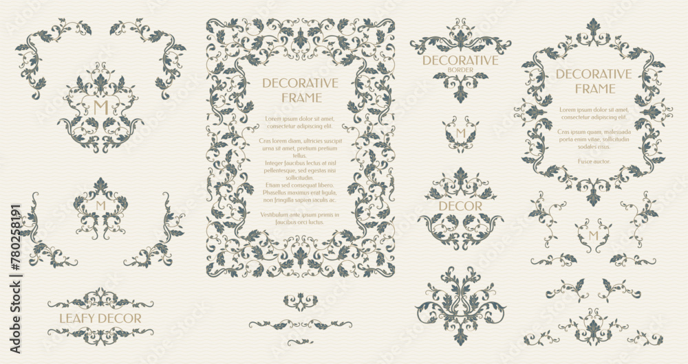 Collection of decorative elements. Vector frames, corners and borders. Graphic design page. Collection of decorative elements. Vector frames, corners and borders. Graphic design page.