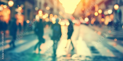 Unfocused view of city life at dusk, capturing the bustle of pedestrians on a busy street.