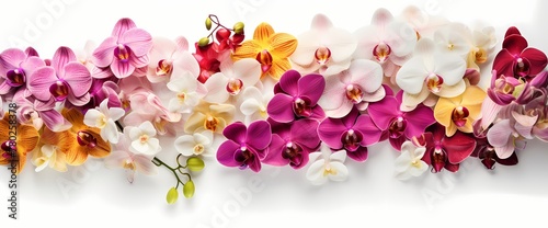 Top view of a bunch of orchids in various hues against a clean white background, offering space for your message.