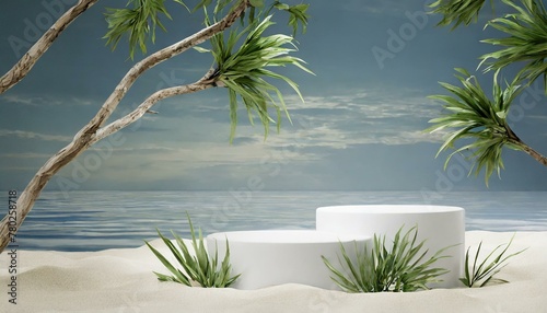 Seaside Showcase  3D Rendering of Podium and Beach Elements for Product Presentation