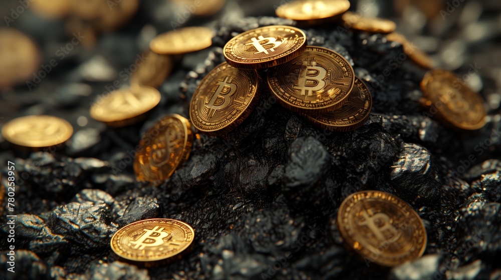 Gleaming Bitcoins on Rich Coal Texture Symbolizing Crypto Mining Gleaming Bitcoins on Rich Coal Texture Symbolizing Crypto Mining