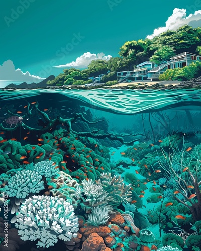 Shape a powerful visual narrative through a side view illustration showcasing a coral reef bleaching and dying due to warming oceans, while a nearby tropical jungle suffers from extreme weather 