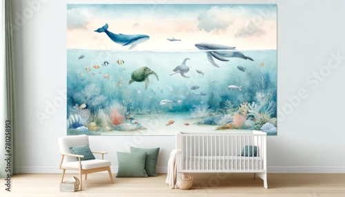 Nursery room with whimsical ocean wall mural background. photo