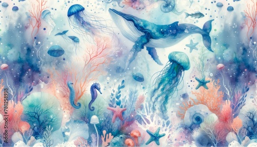 Sea animal watercolor pattern Illustration background.
