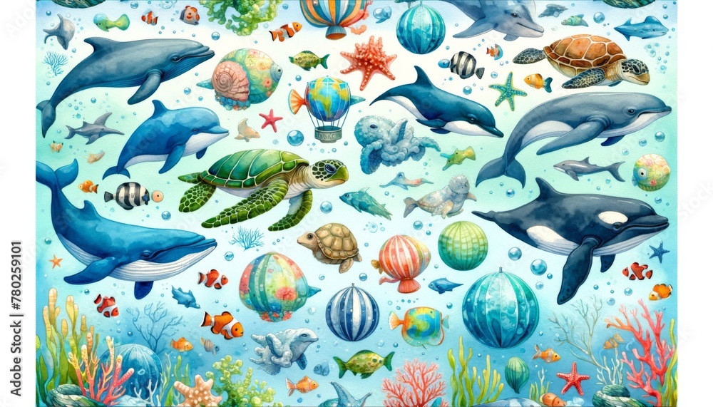 Sea animal watercolor pattern Illustration background.