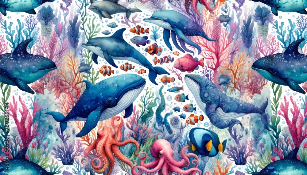 Naklejka premium Sea animal watercolor pattern Illustration background.
