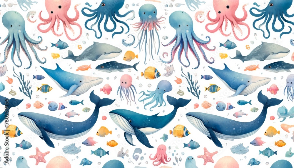 Fototapeta premium Sea animal watercolor pattern Illustration background.