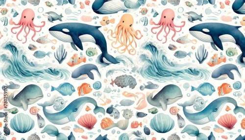 Sea animal watercolor pattern Illustration background. photo