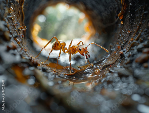 Worker ant, antennas, diligently carrying food, through a labyrinth of tunnels, on a rainy day, photography, backlight, Depth of field