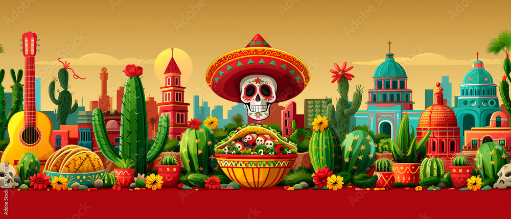 Illustration in honor of the Mexican holiday Cinco de Mayo: chili, sugar skull, taco and others. Illustrations for posters, banners, prints in honor of Mexican holidays