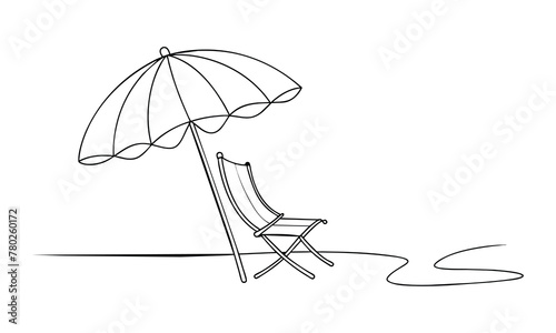 Hand drawn beach umbrella and chair One line continuous line art illustration on white background.