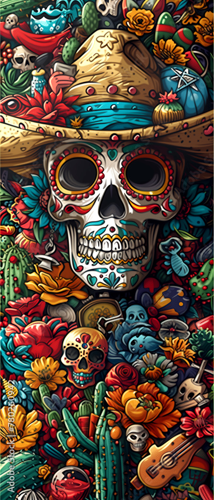 traditional sugar skull and other mexican holidays symbols. illustration
