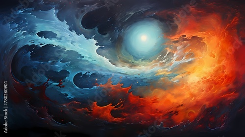The cosmos ablaze with hues of tangerine and sapphire, swirling in cosmic rhapsody."