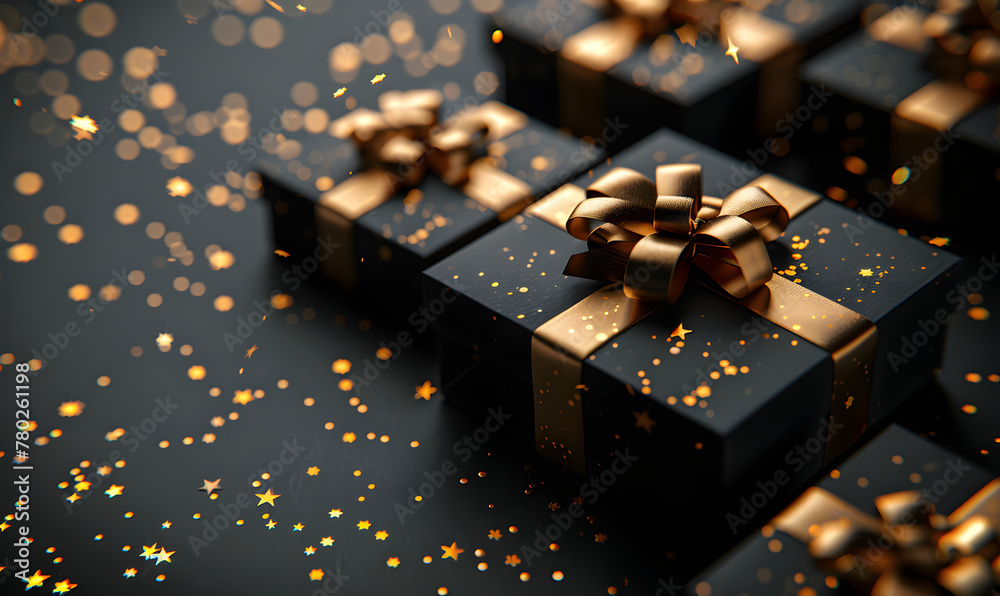 Elegant black gift boxes with luxurious golden ribbon bows and shimmering confetti scattered on a black background, Generative AI Elegant black gift boxes with luxurious golden ribbon bows and shimmering confetti scattered on a black background, Generative AI