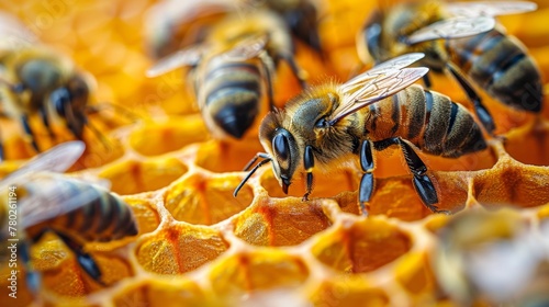 Amidst hexagonal cells, diligent bees buzz, crafting nature's golden elixir, honey. A testament to their intricate teamwork and innate engineering.
 photo