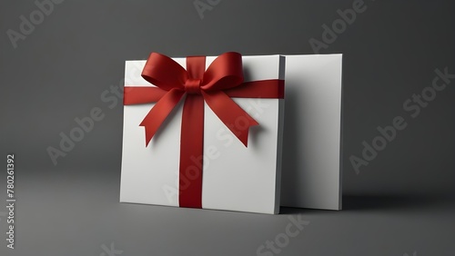 Blank white gift card with red ribbon bow on grey background. Minimalist conceptual design © Tharusha