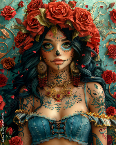 beautiful mexican woman with roses photo