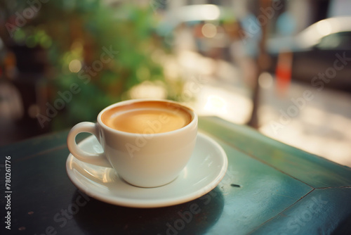 Coffee cup on table outdoors, Vintage retro style sidewalk cafe scene