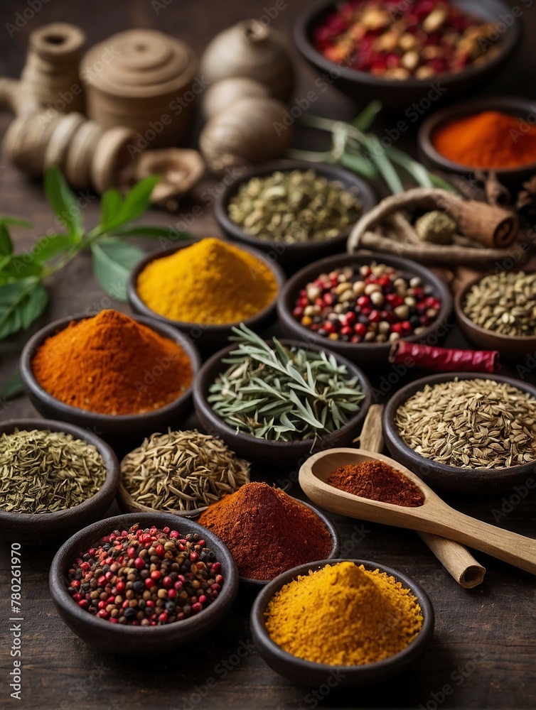 Various oriental spices and spices on a black background.