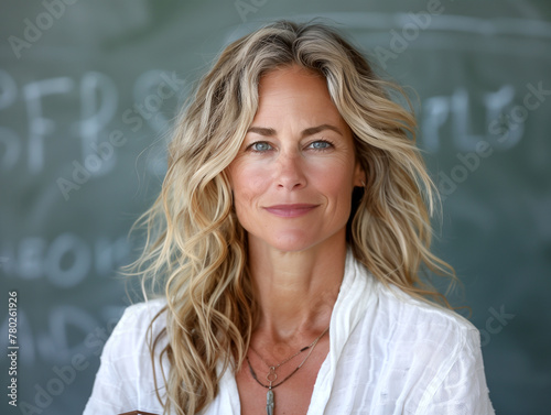 Portrait of a teacher smiling in an elementary school classroom