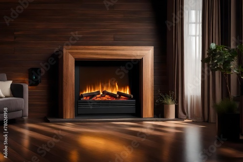 An electric fireplace within the room's wooden entryway.