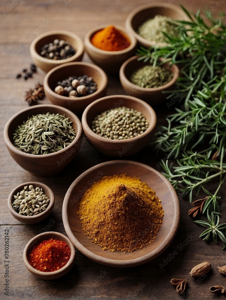 Fototapeta premium Various oriental spices and spices on a black background.