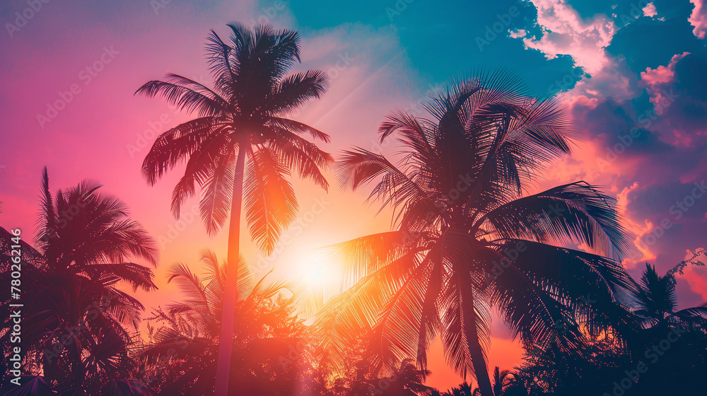 Beautiful setting sun through tall palm trees. Summer rest concept in the tropics