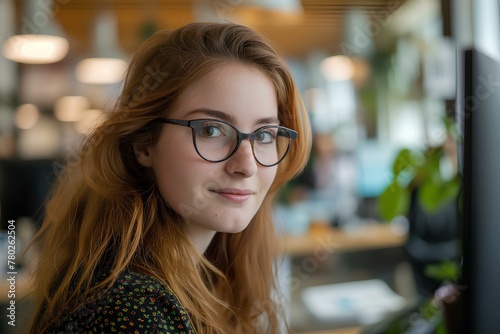 young female content marketing consultant working at a computer in a modern office. she is looking at the camera and smiling. generative AI © yj