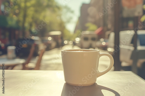 Coffee cup on table outdoors, Vintage retro style sidewalk cafe scene