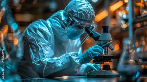 In a pristine laboratory, a scientist dons protective gear, immersed in research, peering through a microscope with focused intent. 