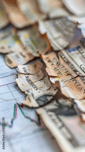 Detailed shot of crumpled currency against a backdrop of recession graphs, a narrative of financial failure.