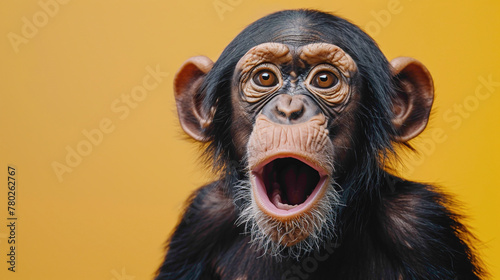 a Chimpanzee Pant hoots, studio shot, against solid color background, hyperrealistic photography, blank space for writing © MUHAMMADINAAM