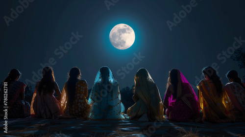 Night photography. A group of women, in a new moon celebration