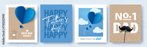 Set of 4 Father's Day greeting cards in modern paper cut style. Vector illustration for cover, poster, banner, flyer and social media. © littleWhale