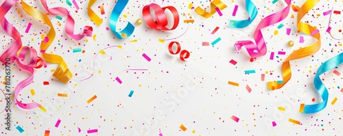 Many colorful particles and papers are floating on white background isolated for birthday and party web banner.