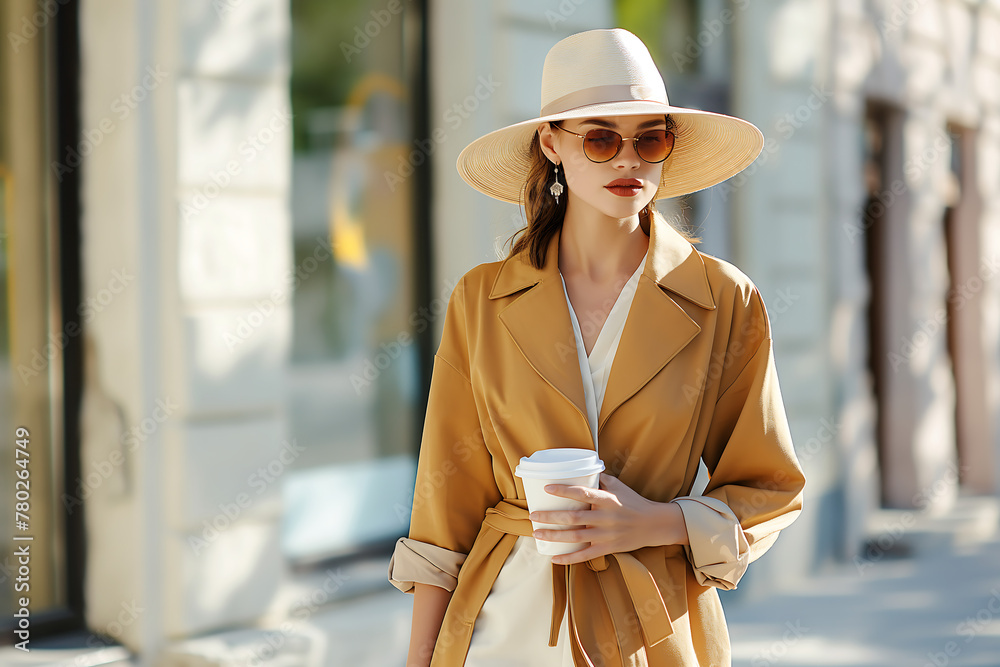 Stylish young woman enjoying coffee break on urban city street, exuding elegance and confidence in the bustling cityscape.