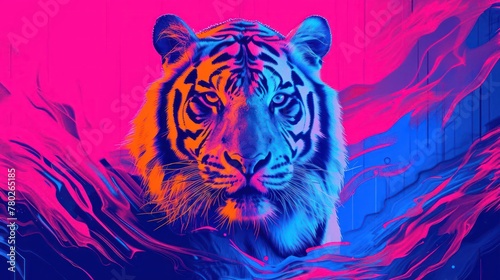 Tiger in pop-art style graphic, psychedelic colors swirling around its form, Electric Blue and Neon Pink background