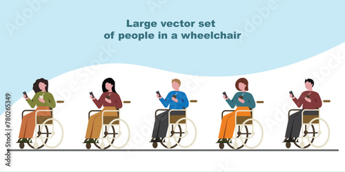 A set of artwork with disabled people in a wheelchair. Large set of people with disabilities.Isolated images of people