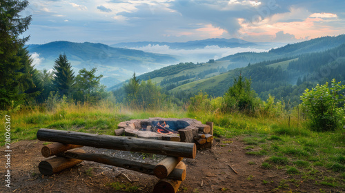 Campfire with a log bench at the edge of the forest with mountains in the background