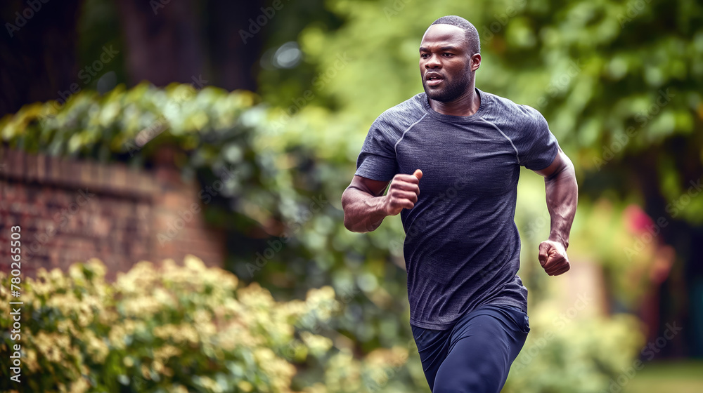 Get Your Heart Pumping, a Black Man Ruining Through an Urban Green Street, Generative AI